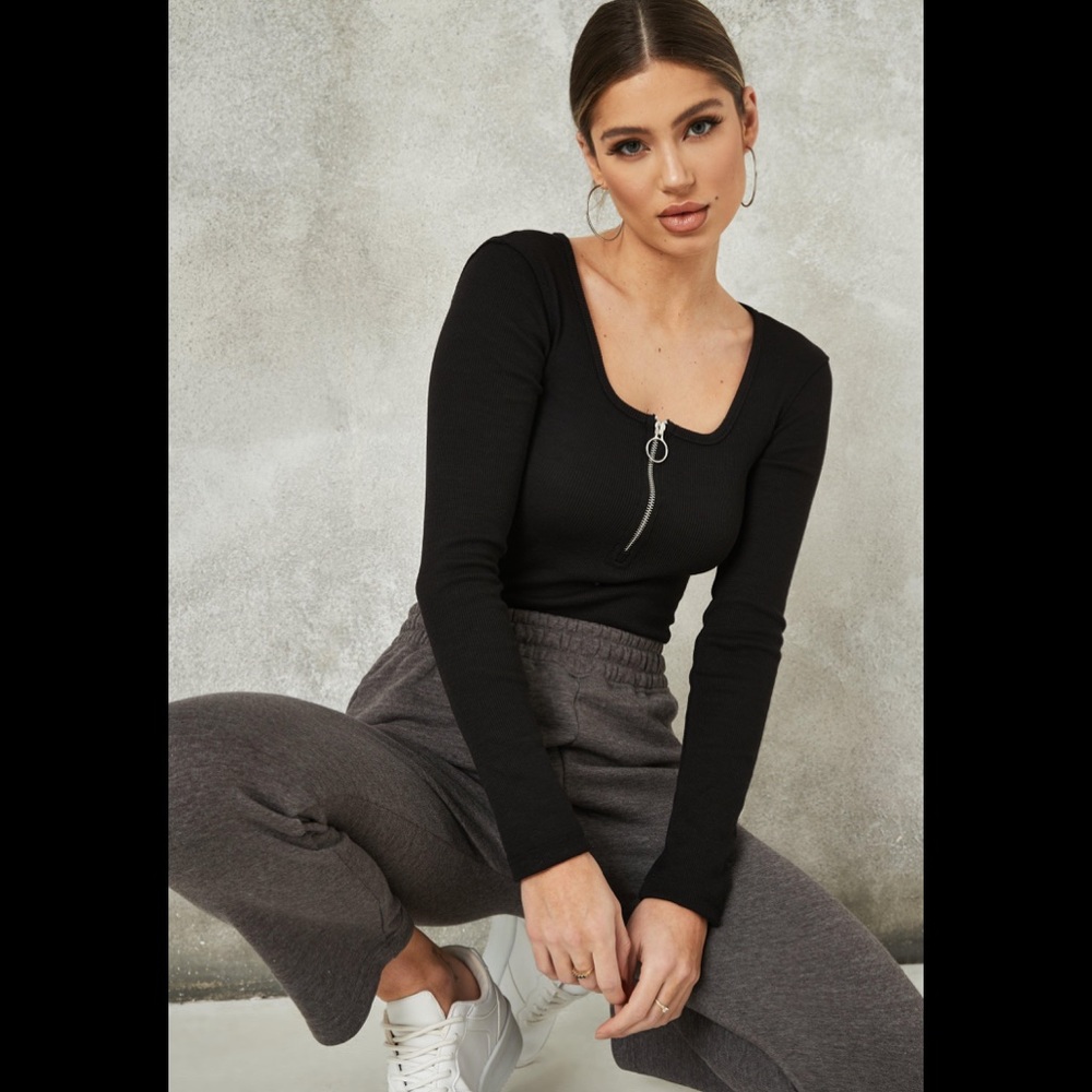 Missguided Black Zip Front Scoop Neck Bodysuit